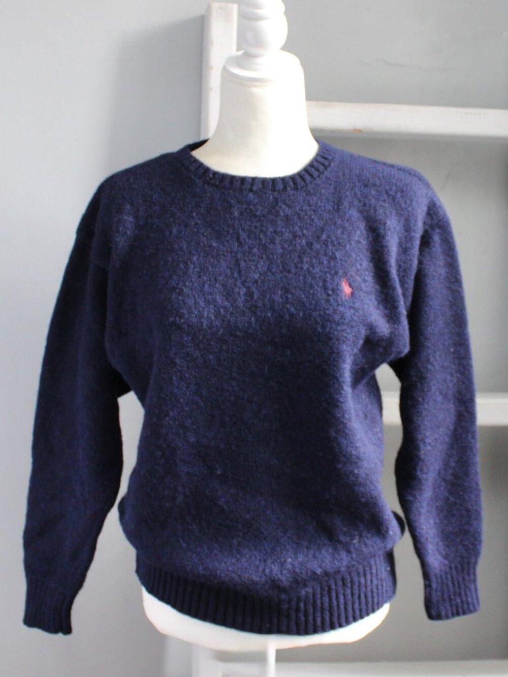 Polo Ralph Lauren Vintage Navy Blue Wool Knit Sweater Embroidered Size Medium